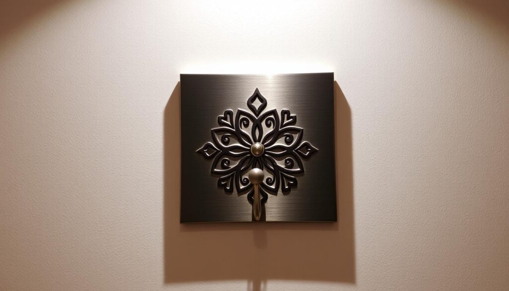 A beautifully crafted key hook with a decorative, geometric pattern adorning the front panel. The hook itself is made of sturdy metal, with a sleek, polished finish that catches the light. The backplate is mounted flush against the wall, creating a minimalist, modern aesthetic. Soft, diffused lighting from above casts gentle shadows, accentuating the depth and texture of the design. The overall composition is balanced and visually striking, making it a stylish and functional addition to any entryway or workspace.