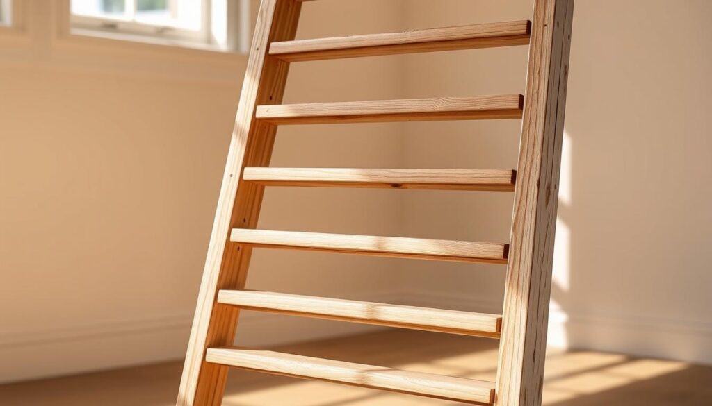 A beautifully crafted wooden decorative ladder stands in a warm, sun-drenched studio. Smooth, sanded planks in a natural oak hue form the sturdy rungs, while the distressed, whitewashed frame adds a rustic charm. Soft, diffused lighting casts gentle shadows, highlighting the intricate woodgrain and the ladder's elegant silhouette. The piece is perfectly positioned to showcase its artisanal details, inviting the viewer to imagine its potential as a stylish storage solution or a striking display for potted plants and treasured trinkets. This stunning ladder embodies the essence of the "Sanding and Finishing Touches" section, seamlessly blending form and function to create a captivating visual centerpiece.