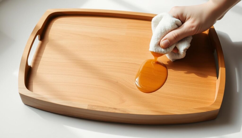 A beautifully crafted wooden tray with a smooth, sanded surface, ready for its final touches. The warm, natural grain of the wood is highlighted by the soft, directional lighting, casting gentle shadows that add depth and dimension. In the foreground, a delicate finishing oil or wax is being carefully applied with a soft cloth, accentuating the tray's elegant, minimalist design. The tray is positioned on a clean, white surface, allowing its simple beauty to shine. The overall mood is one of meticulous craftsmanship and attention to detail, perfectly capturing the essence of the "Finishing Touches for Your Tray" section.