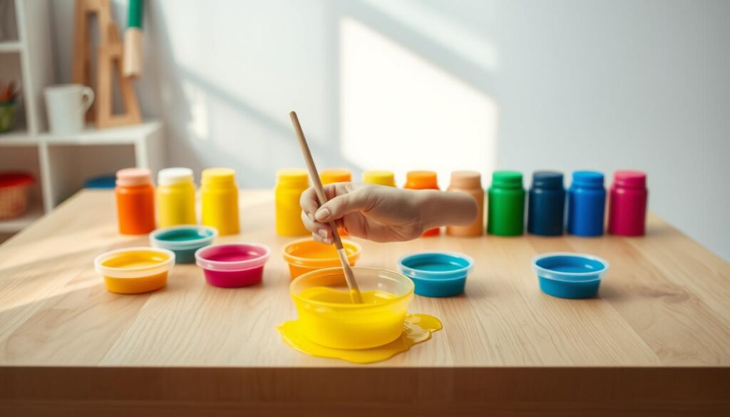 A brightly lit studio with a wood-grain table, an assortment of vibrant, child-safe paint pots in various hues arranged neatly on the surface. A smiling young child's hand reaches out to dip a paintbrush into a pot of yellow paint, ready to create a masterpiece. Soft, diffused lighting illuminates the scene, casting gentle shadows. The overall atmosphere is one of joy, creativity, and a sense of carefree exploration, perfect for a section on "Painting and Finishing Touches" in an article about building a kids' table.
