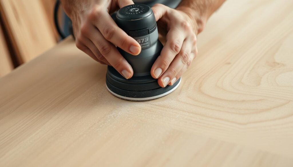 A close-up shot of hands using a palm sander on a smooth, wooden surface, with the wood grain visible. The sander's vibrations create a calming, rhythmic pattern as fine dust particles dance in the soft, diffused lighting. The workshop setting is minimalist, with clean lines and a muted color palette, allowing the focus to remain on the sanding technique. The hands move with precision, carefully guiding the tool across the wood, showcasing the care and attention required for this essential woodworking step. A sense of tranquility and concentration permeates the scene, reflecting the importance of this preparatory process.