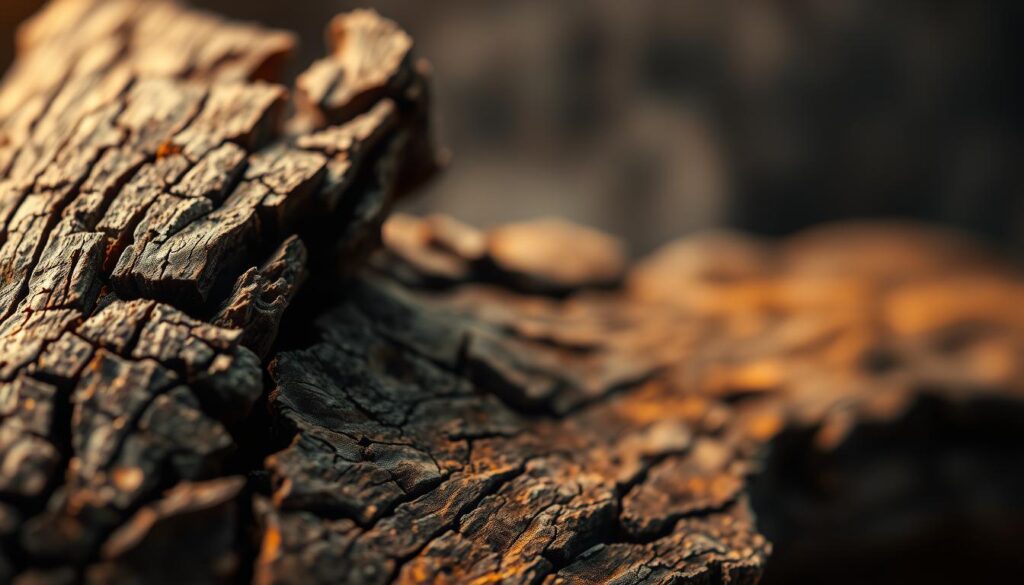 A close-up study of richly textured burnt wood grain, captured with a shallow depth of field and warm, golden studio lighting to accentuate the captivating patterns and organic imperfections. The foreground showcases the intricate char marks, cracked and peeling textures, and subtle variations in tone, while the middle ground blurs softly into an atmospheric, out-of-focus background. The overall mood is one of rustic elegance, inviting the viewer to appreciate the unique beauty found in the natural process of charring wood.