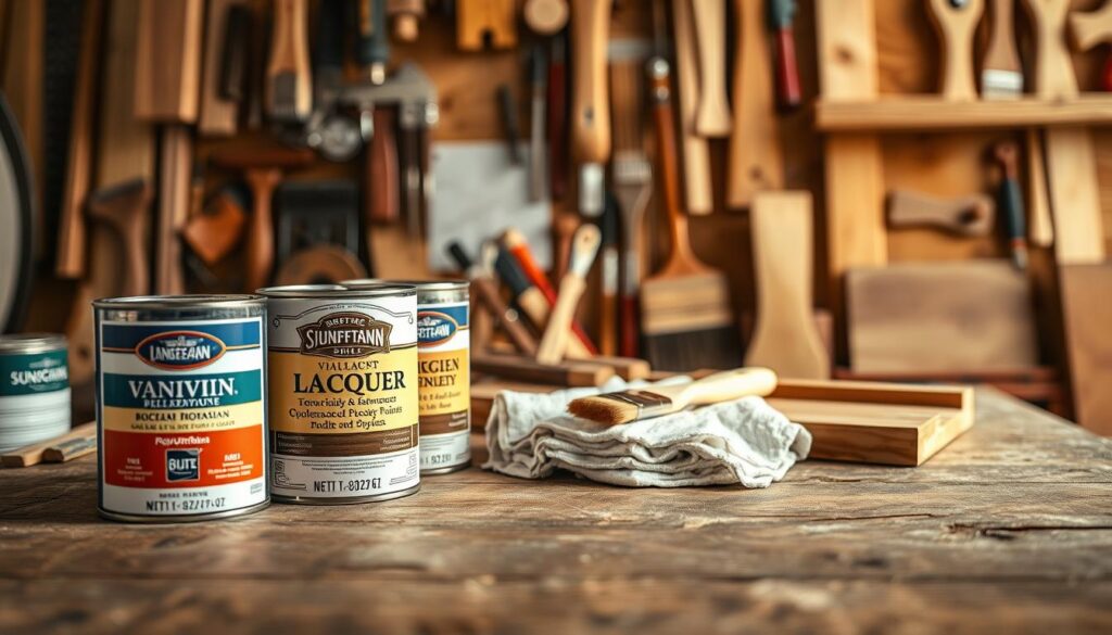 A close-up view of various wood finishing products arranged on a wooden workbench. In the foreground, there are cans of varnish, lacquer, and polyurethane, their labels clearly visible. In the middle ground, a selection of paintbrushes and rags, suggesting the application process. The background features a wall of woodworking tools and materials, creating a sense of a well-equipped workshop. Warm, natural lighting illuminates the scene, highlighting the texture and grain of the wood. The overall composition conveys a sense of care and attention to detail in the finishing process.