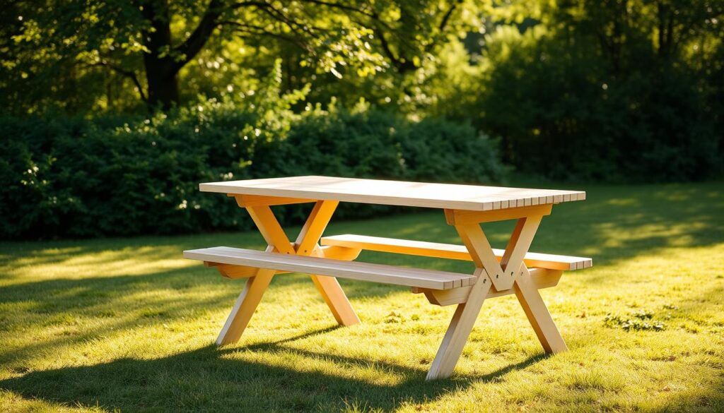 A collapsible picnic table in a lush, green outdoor setting. The table is made of light-colored wood, with a smooth, slatted surface and a sturdy, foldable frame. The table is positioned on a grassy, sun-dappled clearing, surrounded by verdant trees and shrubs. Soft, natural lighting casts warm, gentle shadows, creating a serene and inviting atmosphere. The table's compact, modular design allows for easy assembly and transport, making it the perfect companion for al fresco dining and relaxation.