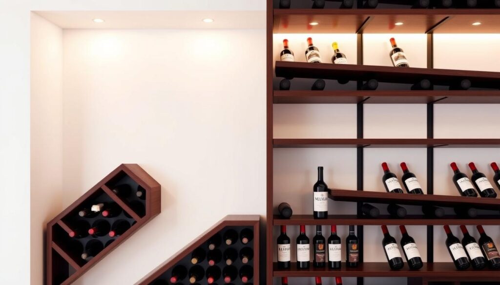 A corner wine rack with a sophisticated, modern design. The rack features sleek, angular shelves in a dark, rich wood tone, artfully arranged to showcase an elegant collection of wine bottles. The shelves are set against a minimalist, white wall, creating a chic, gallery-like display. Soft, warm lighting from above casts a gentle glow, highlighting the wood's natural grain and the bottles' labels. The overall composition is balanced, clean, and visually striking, perfectly suited to showcase a wine lover's prized vintages.
