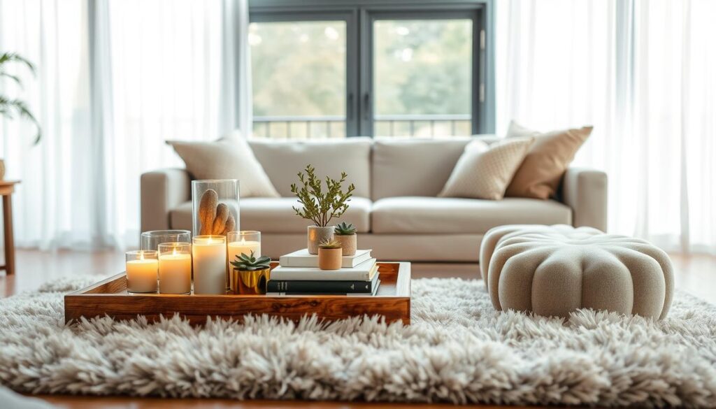 A cozy and inviting coffee table styled with a mix of natural elements, warm lighting, and thoughtful decor. In the foreground, a rustic wooden tray holds an assortment of artisanal candles, small potted plants, and a stack of carefully curated books. The middle ground features a plush, neutral-toned area rug that grounds the scene, with a pair of modular ottomans placed nearby, ready to be used as additional seating or as a place to prop up tired feet. In the background, a large window floods the space with soft, diffused natural light, creating a tranquil and serene atmosphere. The overall mood is one of relaxation, comfort, and a touch of Scandinavian minimalism.