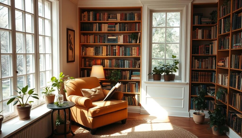 A cozy and inviting reading nook with natural light streaming in through large windows. Plush armchair upholstered in a warm, earthy tone nestled in the corner, flanked by built-in bookshelves displaying an array of vintage hardcovers. A small side table holds a reading lamp with a soft, ambient glow. Pops of greenery from potted plants add a touch of life, while a soft, woven area rug underfoot creates a sense of coziness. The overall atmosphere is one of calm, quiet contemplation, perfect for immersing oneself in the pages of a beloved book.