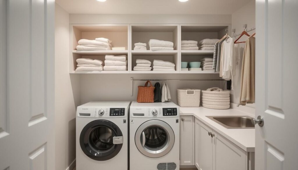 A cozy and well-organized laundry room, with a neutral color palette and clean, minimalist design. Soft, diffused lighting illuminates the space, highlighting a row of open shelves displaying neatly folded linens and detergents. A compact washer and dryer sit side-by-side, surrounded by ample counter space for sorting and folding clothes. Hooks and rods provide ample storage for hanging delicates and drying items. The room exudes a sense of order and efficiency, creating a calming and functional workspace.