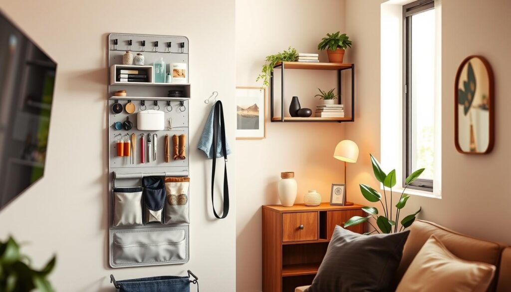 A cozy and well-organized small living space with a focus on maximizing vertical storage. In the foreground, a sleek wall-mounted organizer system with various compartments, hooks, and shelves, artfully arranged to hold everyday items. The middle ground showcases thoughtfully placed decorative accents and plants, adding pops of color and life. The background features a clean, minimalist wall design, creating a sense of openness and airiness. Warm, natural lighting filters in, casting a gentle glow and highlighting the efficient utilization of the limited square footage. This image conveys a harmonious, functional, and visually appealing solution for maximizing vertical space in small living areas.