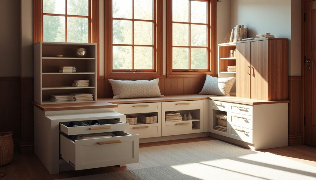 A cozy corner bench with integrated storage solutions, bathed in warm, natural lighting streaming through large windows. The bench's sleek, L-shaped design maximizes space, with ample drawers and shelves to neatly organize and conceal household items. Subtle wooden accents complement the clean, minimalist aesthetic, creating a harmonious and functional focal point in the room. The scene has a sense of order and tranquility, inviting the viewer to envision the practical yet stylish storage solutions for their own home.