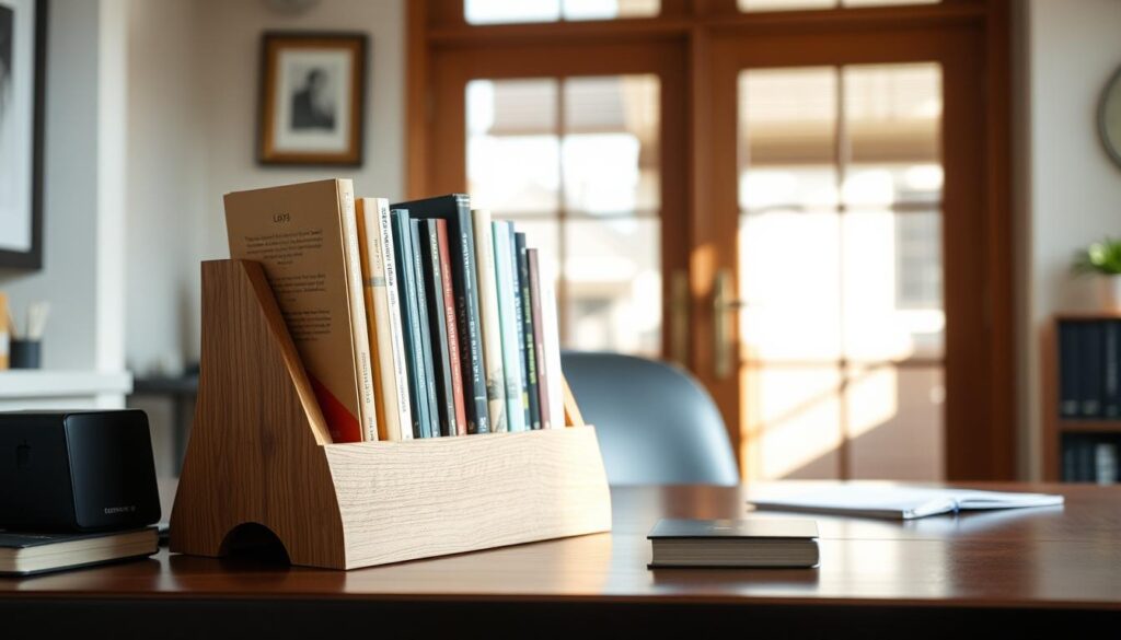 A cozy home office with a handcrafted wooden book stand placed prominently on the desk. The stand is positioned at a slight incline, inviting the viewer to browse through the neatly arranged volumes. Soft, natural light filters in through a nearby window, casting a warm glow over the scene. The bookstand is made of polished oak, its clean lines and subtle details reflecting the refined aesthetic of the space. Books of various sizes and colors are carefully arranged on the stand, their spines creating a visually appealing pattern. The overall atmosphere is one of quiet productivity and intellectual stimulation, the perfect setting to showcase the versatility and practical use of a leaning book stand.