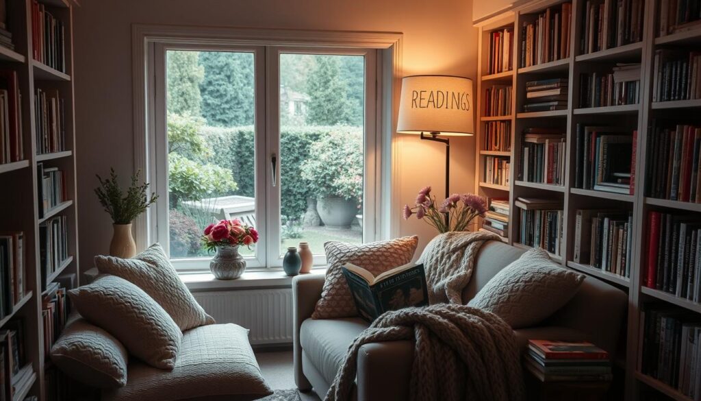 A cozy reading nook adorned with plush pillows, a chunky knit throw, and a vase of fresh flowers. Bookshelves line the walls, showcasing an eclectic collection of hardcovers and paperbacks. Soft, warm lighting emanates from a floor lamp with a linen shade, casting a gentle glow. An overstuffed armchair sits in the center, inviting you to curl up and lose yourself in a good book. The scene is framed by a large window that floods the space with natural light, offering a peaceful view of a serene garden outside. This intimate, personalized space radiates a sense of comfort and tranquility, perfectly suited for quiet moments of reading and contemplation.