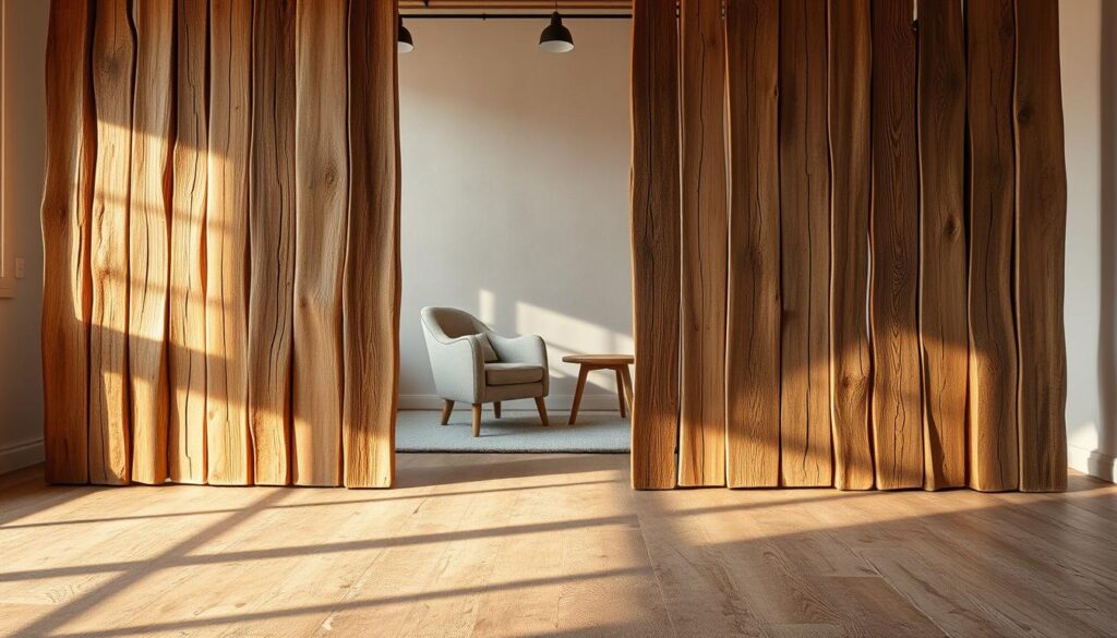 A cozy, rustic room divider crafted from raw, weathered wooden planks of varying widths and textures. The divider is positioned in the foreground, casting warm, natural shadows across the earthy, textured floor. In the middle ground, a plush, neutral-toned armchair and a small, wooden side table create an inviting seating area. The background features a neutral-toned wall, accentuating the raw, organic materials of the divider. Soft, diffused lighting from overhead fixtures illuminates the scene, enhancing the rustic, homely atmosphere. The overall composition evokes a sense of simplicity, comfort, and a connection to nature.