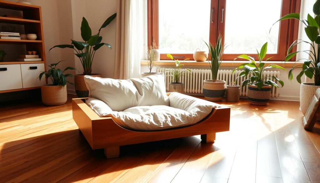 A cozy, well-lit room with warm hardwood floors. In the foreground, a stylish, rectangular wooden pet bed with soft, plush cushions in neutral tones. Placed near a large window, allowing natural light to stream in and illuminate the bed. Surrounding the bed, potted plants and a few carefully curated decor pieces, creating a serene, inviting atmosphere. The camera angle is slightly elevated, capturing the bed from an angle that showcases its placement within the room. The overall scene conveys a sense of comfort and thoughtful design, suitable for a peaceful pet's resting spot.