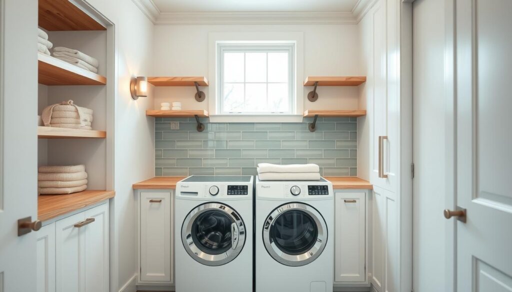 A cozy, well-organized small laundry room with crisp white cabinetry, open shelving, and sleek metallic accents. Soft, warm lighting from wall sconces highlights the natural wooden textures of the floating shelves and muted green tile backsplash. The room has a bright, airy feel, with a window letting in natural daylight. In the foreground, a modern, compact washer and dryer sit neatly side-by-side, complemented by a minimalist folding station. The overall aesthetic is streamlined and functional, creating an inviting space for effortless laundry tasks.
