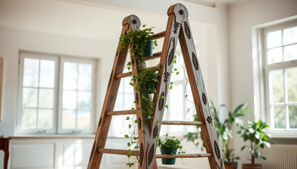 A decorative ladder standing in a bright, airy room with natural light filtering through large windows. The ladder is made of weathered, rustic wood with intricate carvings and decorative elements adorning the sides. Potted plants and vines cascade down the rungs, adding a lush, organic touch. The ladder is positioned as a focal point, showcasing its beauty and functionality as a unique, repurposed piece of furniture. The overall mood is one of warmth, creativity, and a touch of whimsy, reflecting the alternative uses for this everyday household item.