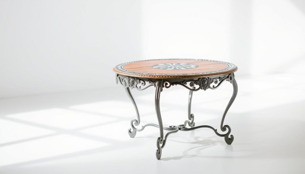 A decorative table with an intricate, ornate design, standing elegantly in a bright, airy room. The tabletop features a mix of natural wood grain and delicate metal accents, creating a captivating contrast. The legs are gracefully curved, supporting the table with a sense of effortless strength. Soft, diffused lighting bathes the scene, casting gentle shadows and highlighting the textures. The overall atmosphere exudes a refined, sophisticated ambiance, perfect for showcasing personal touches and complementing the surrounding decor.