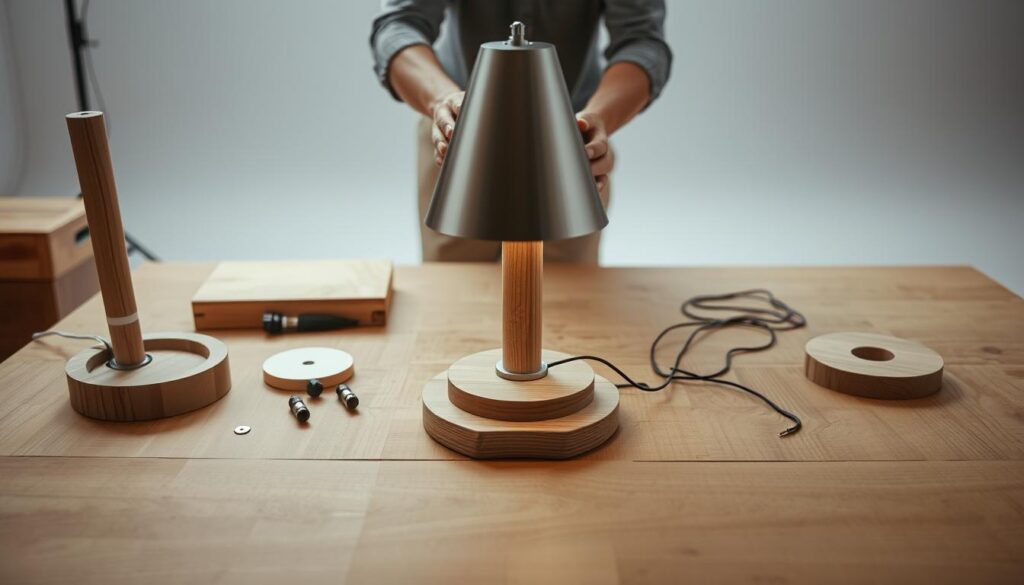 A detailed, step-by-step assembly of a wooden desk lamp in a well-lit studio. The foreground shows the lamp components laid out on a wooden surface, including the wooden base, metal lamp shade, and electrical components. The middle ground features a pair of hands carefully assembling the lamp, with attention to the precise placement of each part. The background showcases a clean, minimalist workspace with soft, even lighting that enhances the natural textures of the wood. The overall mood is one of focused craftsmanship and attention to detail, reflecting the care and skill required to construct this practical yet elegant lighting fixture.