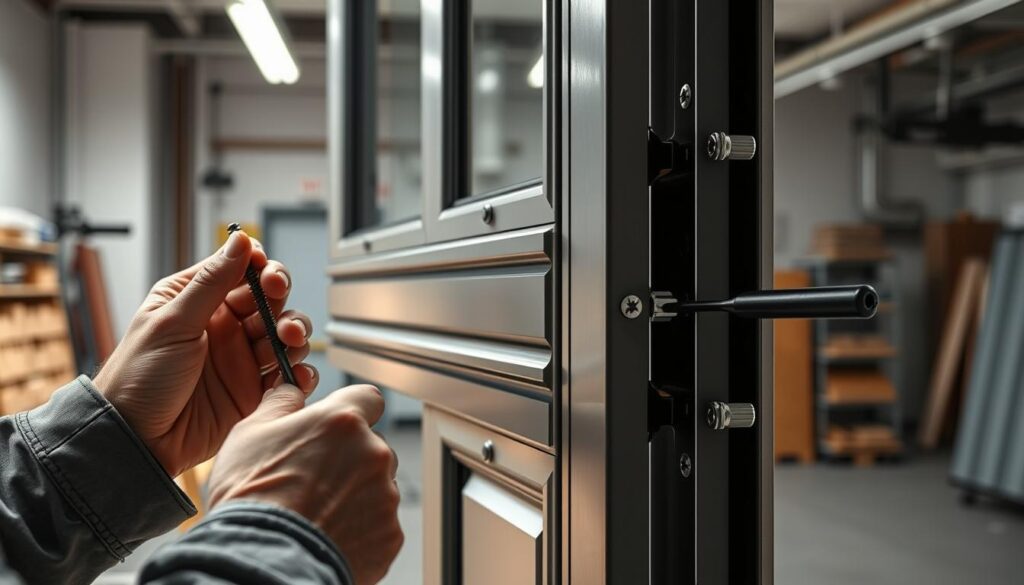 A detailed, step-by-step assembly process of an entrance panel. In the foreground, hands carefully assemble the components - screws, hinges, and fasteners, with precision tools. The middle ground showcases the intricate exterior design, sleek lines, and polished finishes. In the background, a clean, well-lit workshop setting with a neutral color palette allows the assembly to be the focal point. Soft, directional lighting casts subtle shadows, emphasizing the mechanical nature of the process. The overall mood is one of focus, craftsmanship, and attention to detail, reflecting the care and skill required to construct a high-quality entrance panel.