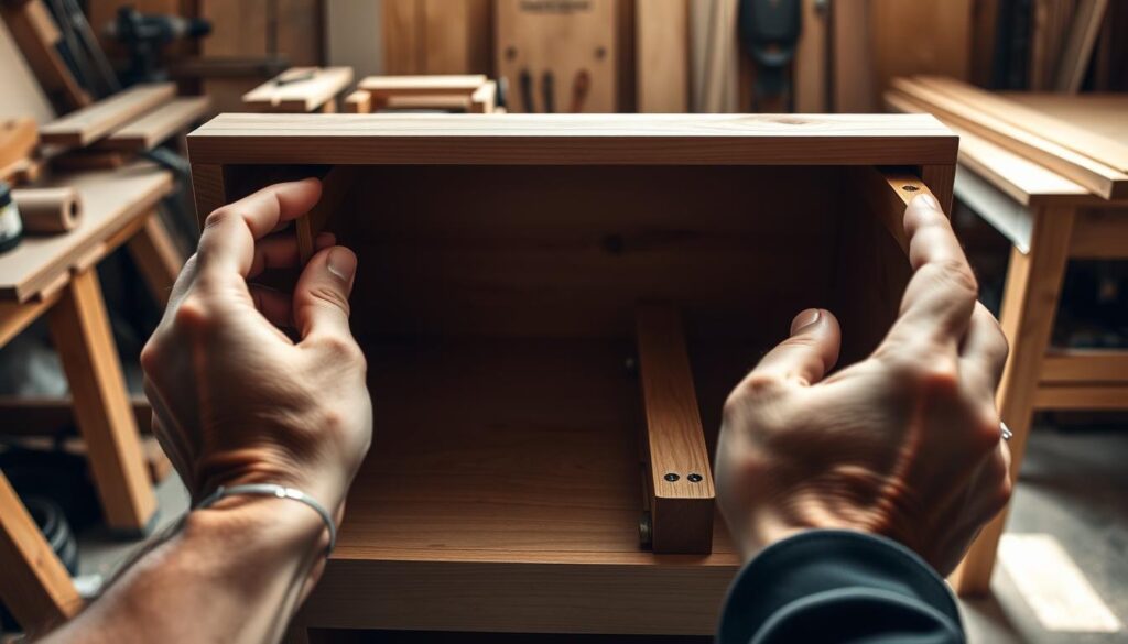 A detailed, step-by-step depiction of a person's hands carefully installing a set of wooden drawer slides. The foreground shows the person's hands holding the slide mechanisms and aligning them precisely within the drawer frame. The middle ground reveals the open drawer cavity, its wooden interior and joinery visible. The background is a softly-lit workshop setting, with wooden workbenches, tools, and other construction materials visible, conveying a sense of focused, skilled craftsmanship. The lighting is natural and directional, casting subtle shadows that emphasize the manual dexterity required. The overall mood is one of patient, meticulous attention to detail during a crucial stage of a woodworking project.