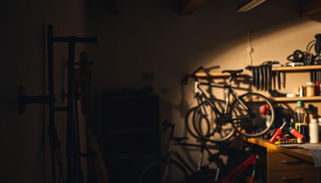A dimly lit workshop setting, with a wall-mounted bike rack in the foreground displaying several common mistakes. In the middle ground, an improperly installed rack with loose screws, unbalanced brackets, and bikes haphazardly secured. In the background, a cluttered workbench with tools and spare parts, casting long shadows across the scene. The lighting is warm and natural, creating a sense of frustration and the need for better organization. The overall composition emphasizes the importance of proper bike rack installation to avoid damage to both the rack and the bicycles.