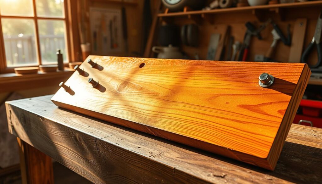 A finely crafted tool panel sits atop a weathered wooden workbench, its surface adorned with a vibrant array of hand-painted details. Sunlight filters through the workshop window, casting a warm, golden glow that accentuates the rich wood grain and the carefully applied stain. Delicate brushstrokes outline the edges of the panel, creating a sense of depth and dimension. Carefully placed tool hooks and storage compartments are seamlessly integrated, blending form and function. The overall composition exudes a sense of artisanal craftsmanship, inviting the viewer to imagine the tools and projects that will soon find their home on this meticulously designed panel.