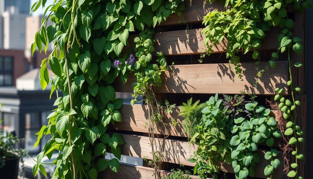 A lush vertical garden adorning a weathered wooden pallet, sunlight filtering through the verdant foliage. In the foreground, vibrant leafy plants cascade down the pallet's slats, their shadows dancing across the textured surface. The middle ground showcases a variety of thriving herbs and succulents, their diverse shapes and colors creating a harmonious tapestry. In the background, the scene is framed by a softly blurred urban landscape, hinting at the contrast between the natural and manmade. The overall mood is one of serenity and urban rejuvenation, inviting the viewer to envision the possibilities of designing their own vertical oasis.