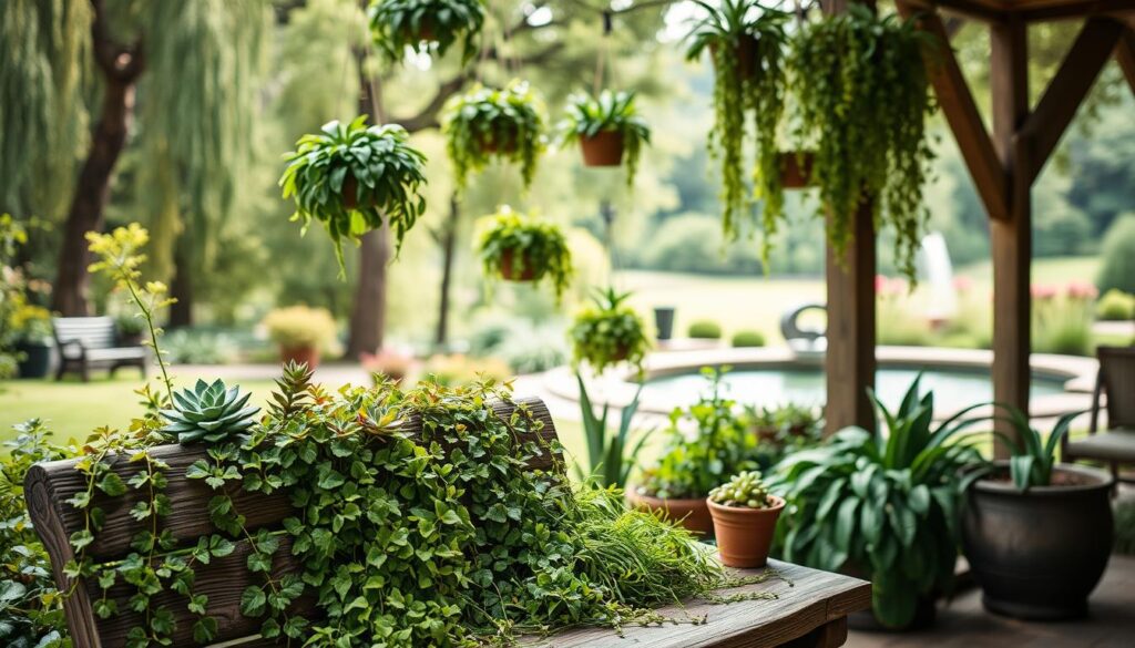 A lush, vibrant outdoor scene featuring an assortment of verdant living decor. In the foreground, a rustic wooden bench adorned with trailing vines and potted succulents. In the middle ground, a collection of hanging planters overflowing with cascading greenery. The background showcases a tranquil landscape, with towering trees and a glimpse of a serene water feature. Soft, diffused natural lighting bathes the scene, creating a serene and inviting atmosphere. The overall composition conveys a sense of harmony between the natural and the handcrafted, perfect for showcasing the finishing touches of a sustainable outdoor living space.