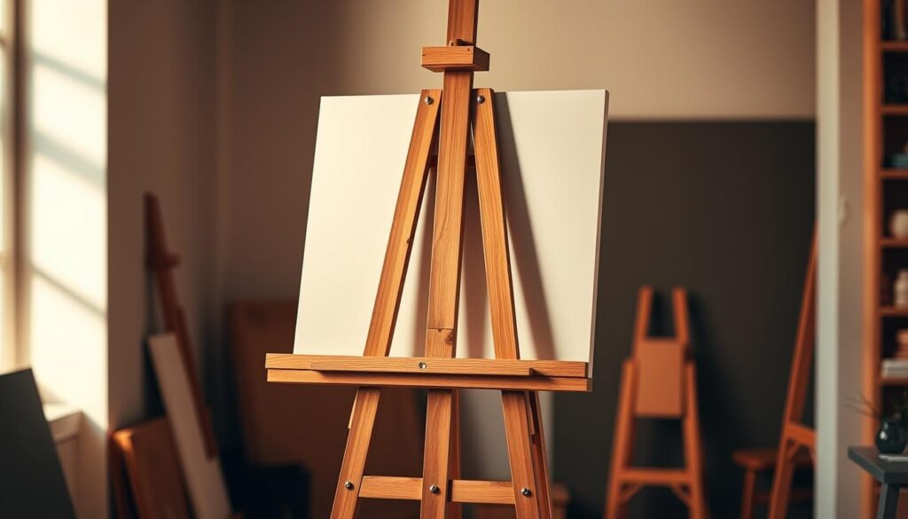 A meticulously crafted adjustable easel for artists, standing tall against a softly lit studio backdrop. The sturdy wooden frame supports a tilting canvas, its cross-braced design providing robust stability. Warm, directional lighting illuminates the smooth, sanded surfaces, casting subtle shadows that highlight the easel's functional details. The easel is positioned in a cozy, inviting space, with a hint of creative clutter in the periphery, hinting at the artistic process. A perfect balance of form and function, this easel is designed to elevate the artist's creative experience.