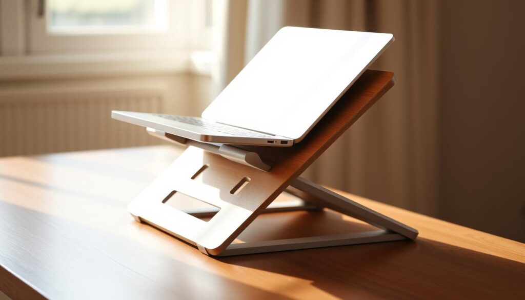 A meticulously crafted ergonomic laptop stand with a sleek, minimalist design. The stand features a sturdy aluminum frame that elevates the laptop to the optimal viewing height, promoting proper posture and reducing neck strain. The frame is complemented by a gently sloped surface made of high-quality wood, providing a stable and comfortable platform for the laptop. Subtle cutouts in the base allow for efficient airflow, keeping the device cool during extended use. Soft rubber pads on the contact points ensure a secure and scratch-free hold. Warm, natural lighting from the side casts gentle shadows, highlighting the clean lines and thoughtful engineering of this functional yet visually appealing laptop accessory.