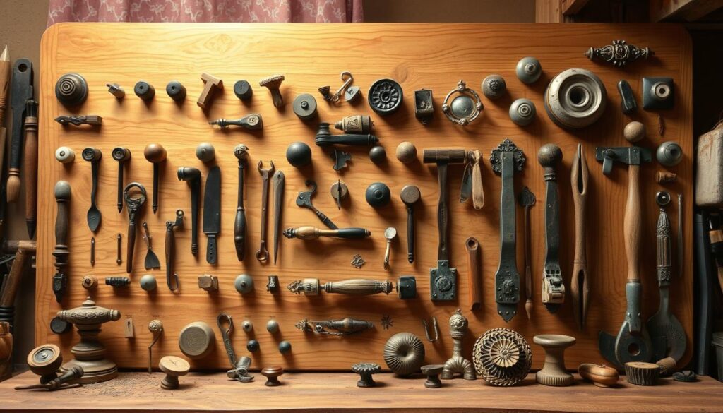 A meticulously crafted tool panel, adorned with a whimsical array of repurposed materials. In the foreground, an assortment of unique handles, knobs, and ornamental accents salvaged from discarded objects, each with its own character and story. The middle ground features a harmonious blend of natural wood tones and complementary textures, creating a visually appealing and practical work surface. In the background, a subtle, warm lighting casts a gentle glow, highlighting the panel's artisanal charm and inviting the viewer to explore its creative potential. The overall scene exudes a sense of rustic elegance and celebrates the beauty of transforming everyday items into functional and expressive design elements.
