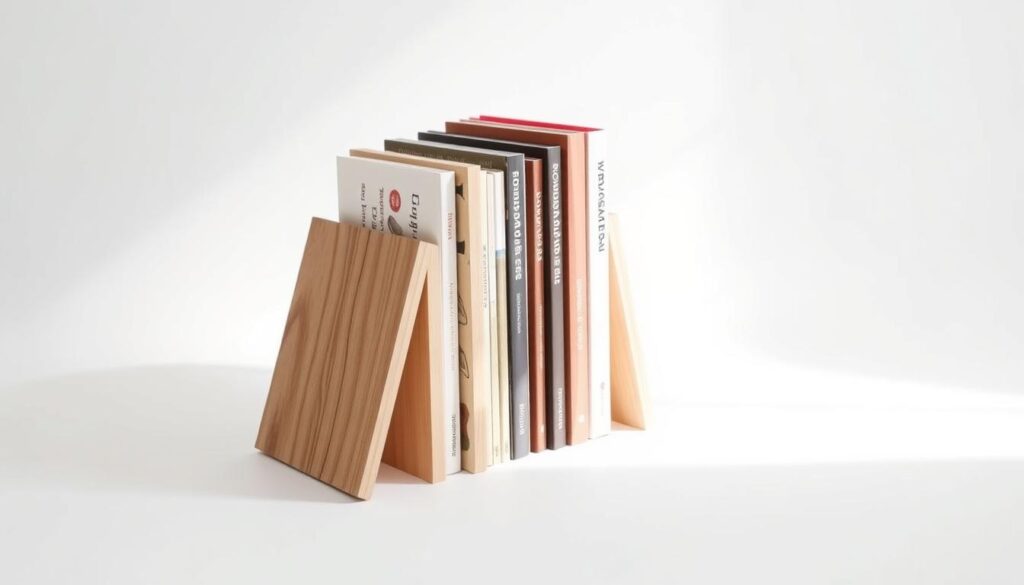 A modern, minimalist book rack made of sleek, light-colored wood in a clean, Scandinavian-inspired design. The rack is positioned at a subtle angle, allowing the books to be displayed in an eye-catching, asymmetrical manner. The lighting is soft and diffused, creating a warm, cozy atmosphere. The rack is situated against a plain, white background, allowing the design to take center stage. The overall aesthetic is one of simplicity, functionality, and contemporary style, perfectly complementing the "Cutting the Wood" section of the article.