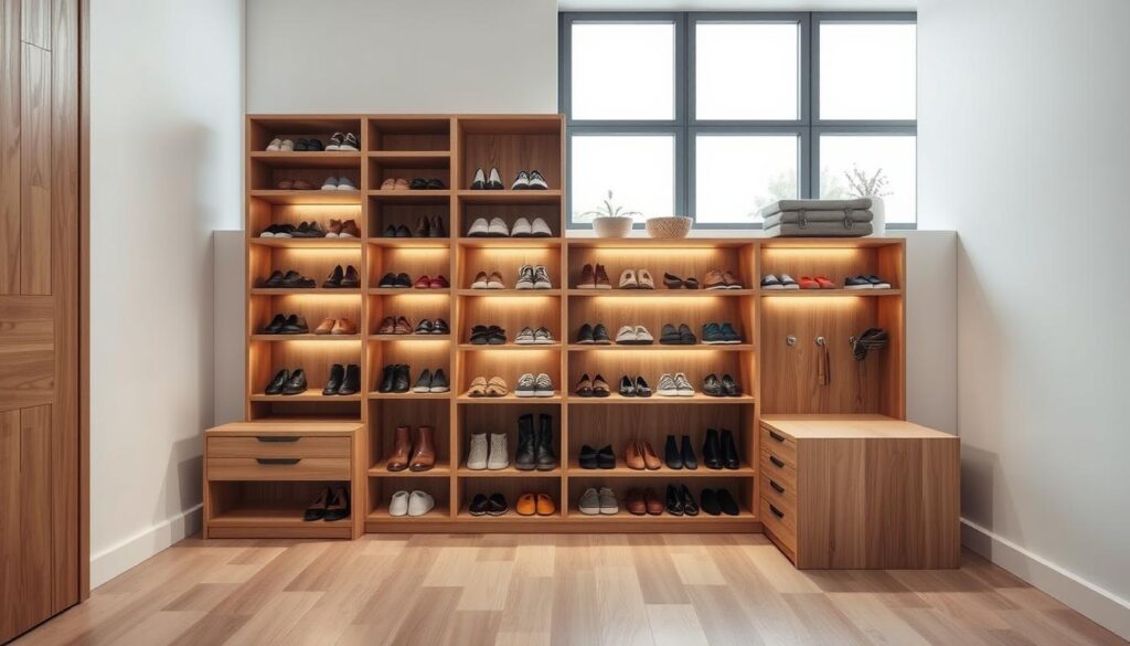A modern, minimalist indoor setting featuring a multi-functional shoe storage unit with built-in benches. The design incorporates clean lines, natural wood tones, and a mix of open shelves and concealed compartments to neatly organize and display a variety of footwear. Soft, indirect lighting creates a warm, inviting atmosphere, while large windows in the background allow natural light to fill the space. The benches seamlessly integrated into the unit provide both practical seating and additional storage. The overall composition promotes a sense of organization, functionality, and stylish design within a compact, space-saving solution.
