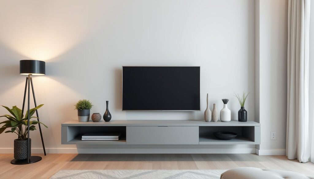 A modern, minimalist living room with a floating TV rack made of sleek, gray MDF boards. The rack is adorned with potted plants, decorative vases, and a few carefully curated accessories that complement the room's neutral color palette. Soft, warm lighting from a floor lamp illuminates the display, casting gentle shadows that add depth and dimension. The camera angle captures the rack at a slight upward tilt, highlighting its clean lines and seamless integration into the space. An atmosphere of tranquility and refined style pervades the scene, reflecting the elegance of the floating TV rack design.