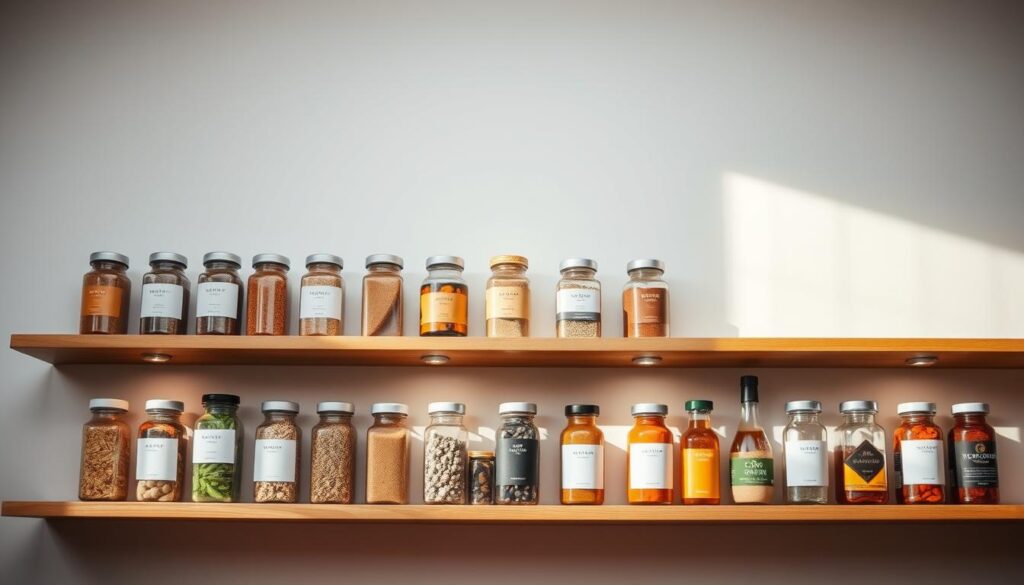 A neatly arranged spice rack with a sleek, minimalist finish, illuminated by soft, diffused lighting that casts gentle shadows. The shelves are crafted from smooth, natural wood, each holding an assortment of jars and bottles with carefully designed labels. The overall composition is visually balanced, with the spices and herbs in the foreground capturing the eye, while the background showcases a plain, neutral-toned wall, allowing the rack to be the focal point. The scene exudes a sense of organization, efficiency, and a touch of modern elegance, perfectly complementing the "Finishing Touches" section of the article.