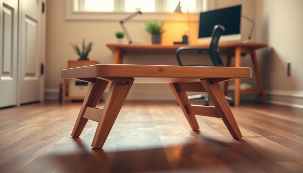 A neatly crafted wooden footrest with an adjustable incline, standing on a hardwood floor in a cozy, well-lit home office. The footrest features a smooth, natural-finish surface and sturdy, angled legs that can be easily positioned at different heights. Warm, diffused lighting casts a gentle glow, highlighting the craftsmanship and attention to detail. The footrest is positioned in the foreground, inviting the viewer to imagine resting their feet comfortably as they work. The background is clean and minimalist, allowing the footrest to be the central focus of the image.