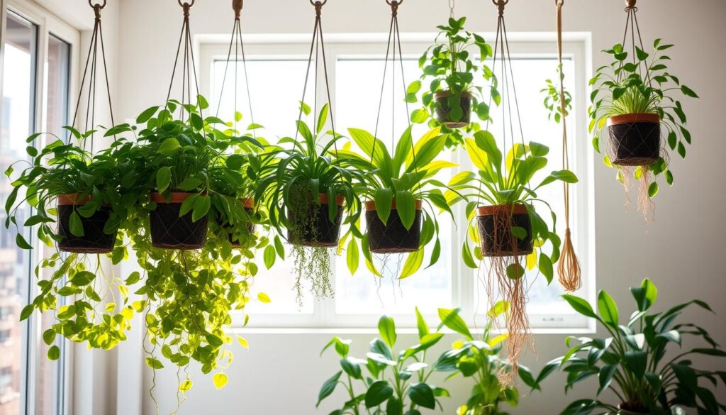 A neatly organized hanging plant display with lush, verdant foliage against a bright, airy backdrop. Sunlight streams in through large windows, casting warm, diffused lighting. The plants are suspended from sturdy, discreet plant hangers, their soil-filled pots secured with care. In the foreground, a step-by-step guide to maintaining the hanging plants, including tips on watering, pruning, and monitoring for pests. The middle ground features a variety of thriving, healthy hanging plants, each with its own unique leaf shape and color. In the background, a minimalist, light-colored wall complements the natural tones of the plants.