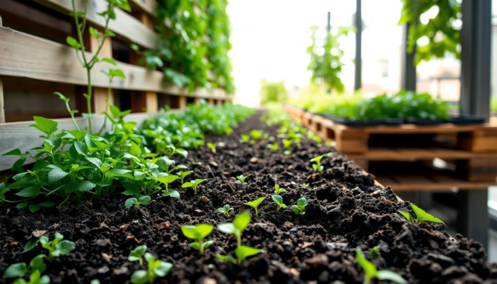 A neatly organized vertical garden, with lush, verdant soil filling the wooden pallet planters. The foreground shows the soil texture, rich in nutrients and teeming with life, ready to nurture a variety of thriving plants. In the middle ground, the pallet structure is visible, its weathered wood contrasting with the vibrant greenery. The background depicts a bright, sun-dappled setting, hinting at the ideal growing conditions for this urban oasis. The lighting is soft and natural, casting gentle shadows that emphasize the depth and dimensionality of the scene. The overall mood is one of abundance, sustainability, and a harmonious blend of nature and human ingenuity.