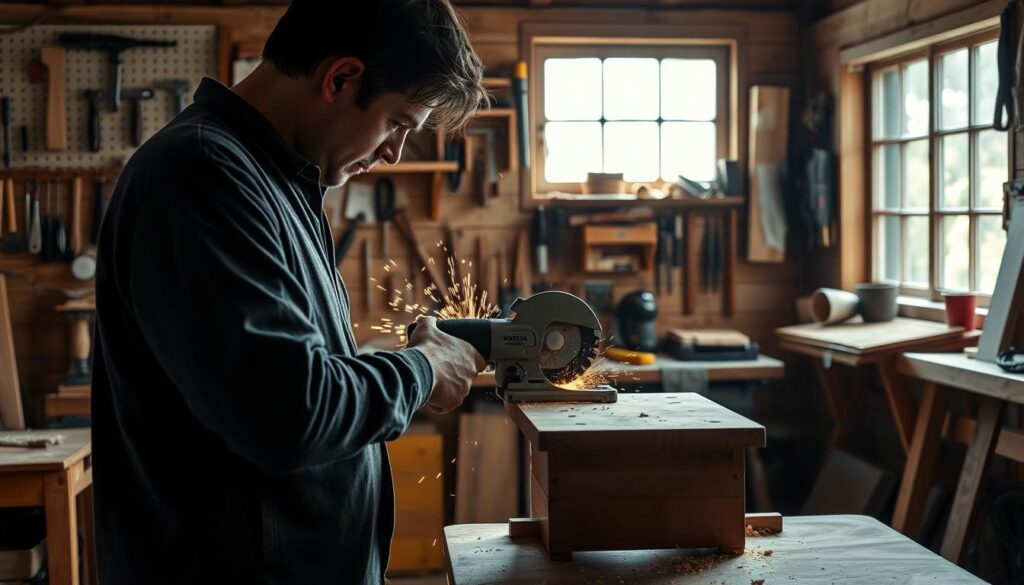 A person standing in a well-lit woodworking shop, their face obscured, intently focused on using a hand-held power saw to precisely cut a wooden board. The board is held steady on a sturdy workbench, sparks and wood shavings flying as the blade effortlessly slices through the grain. The background is filled with a variety of woodworking tools, a pegboard with an assortment of hand tools, and a window allowing natural light to flood the space, creating a warm, inviting atmosphere. The scene conveys a sense of skilled craftsmanship and the satisfaction of working with one's hands to create something tangible.