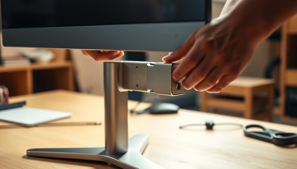 A person's hands carefully assembling a modern monitor stand with a sleek, minimalist design. The brushed metal frame is being carefully connected with precise screws and tools, creating a sturdy and functional base. The background is a softly lit, warm-toned workspace with hints of wood and industrial elements, adding a sense of focus and craftsmanship. The lighting is gentle, creating subtle shadows that accentuate the mechanical details of the assembly process. The camera angle is close-up, capturing the intricate movements and concentrating on the delicate steps required to build this specialized piece of equipment.