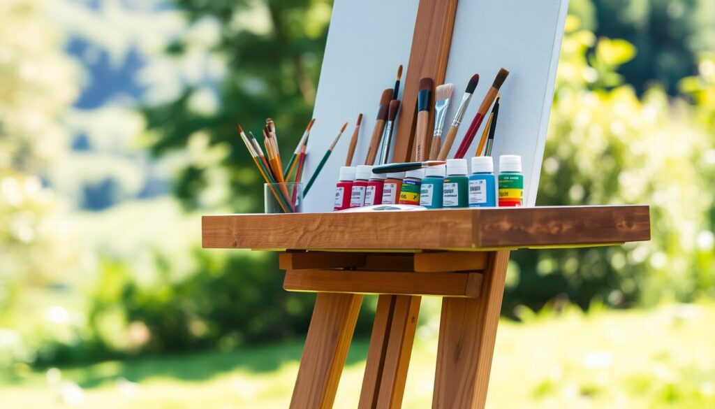 A portable painting easel standing in a sunlit outdoor scene, with a lush green landscape in the background. The easel is made of sturdy wood, with adjustable legs and a sturdy canvas holder. A variety of paintbrushes, tubes of vibrant oil paints, and a palette rest on the tray, ready for the artist to capture the beauty of the natural surroundings. Soft, diffused lighting illuminates the scene, casting gentle shadows and highlighting the texture of the materials. The easel is positioned at a slight angle, inviting the viewer to imagine the artist immersed in the creative process, capturing the essence of the moment on the canvas.