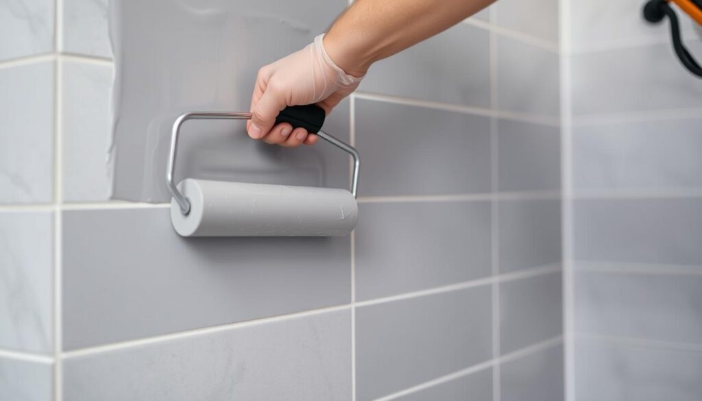 A professional construction worker applying a waterproof membrane to the surface of a tiled bathroom wall. The worker is using a roller to evenly distribute the thick, grey liquid sealant across the tiles, creating a seamless, water-resistant barrier. The scene is well-lit, with soft, diffused lighting illuminating the worker's focused movements. The background is blurred, keeping the focus on the worker's hands and the application process. The overall atmosphere is one of meticulous attention to detail and the importance of proper waterproofing techniques in bathroom construction.