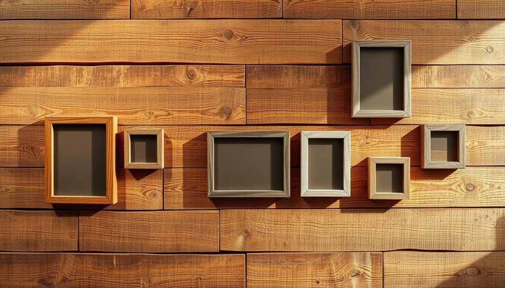 A rustic and textured reclaimed wood photo display, with a natural, warm-toned lighting that casts soft shadows across the surface. The wood panels have a weathered, distressed appearance, showcasing the unique grains and knots. The display is arranged in a visually balanced, asymmetrical layout, with carefully curated photo frames of various sizes and shapes. The overall composition evokes a sense of rustic charm and timeless elegance, complementing the "Preparing the Wood for Construction" section of the article.