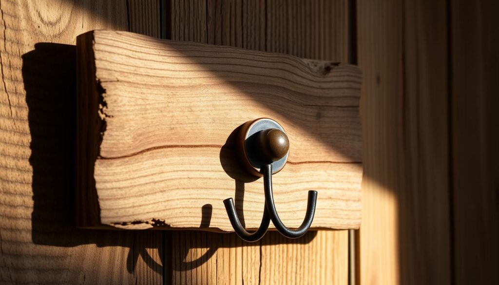 A rustic and weathered wall hook made from reclaimed timber, with a natural, earthy aesthetic. The hook is mounted on a roughly-hewn wooden backplate, showcasing the wood's rich grains and imperfections. Soft, directional lighting from the side casts warm shadows, highlighting the textured surface and organic forms. The composition emphasizes the materiality and craftsmanship, creating an inviting, handmade feel that complements the "Preparing the Wood" section of the article.