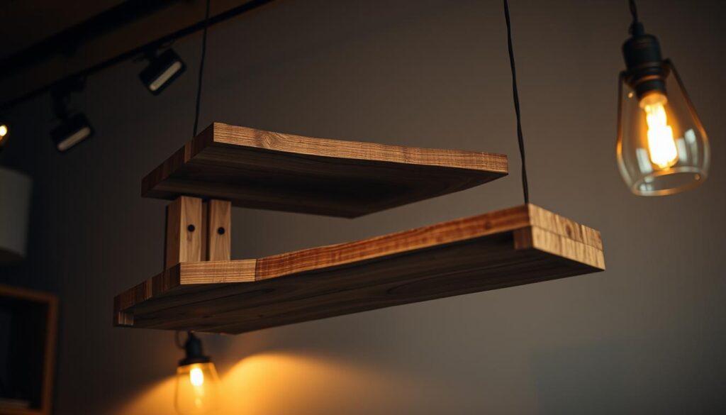 A rustic, floating wooden shelving unit suspended in a dimly lit, cozy interior. The shelves are crafted from reclaimed, weathered wood planks with visible knots and natural grain patterns. The shelves appear to gently hover, defying gravity, casting soft, warm shadows on the walls. The lighting is a combination of muted, overhead spotlights and a single, vintage lamp that casts a golden glow, creating a serene, inviting atmosphere. The background is slightly blurred, allowing the shelves to be the focal point, showcasing their simple, yet elegant design.