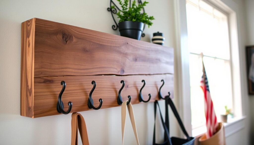 A rustic, handcrafted coat rack made from reclaimed wood planks, its natural grain and knots adding character. The sturdy wooden frame features a row of iron hooks, artfully positioned to hold coats, bags, and scarves. Soft natural light filters through a nearby window, casting a warm glow on the weathered wood. Artfully arranged decorative elements, such as a small potted plant or a vintage-inspired wall hanging, complement the rack's organic aesthetic. The overall composition conveys a sense of charm and functionality, perfectly suited to the "Adding Hooks and Decorative Features" section of the article.