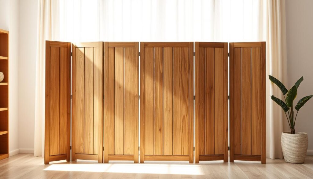 A rustic, natural-looking wooden divider screen stands in the foreground, its raw, unfinished texture and warm hues casting a cozy, homely atmosphere. The screen is positioned in a bright, airy room, with soft, diffused lighting filtering in from the background, creating gentle shadows and highlights that accentuate the screen's simple, minimalist design. The screen is composed of several vertical panels, each with a slightly irregular, handcrafted appearance, suggesting a step-by-step assembly process. The overall composition conveys a sense of tranquility and functionality, with the screen serving as a practical yet visually appealing way to divide and define the space.