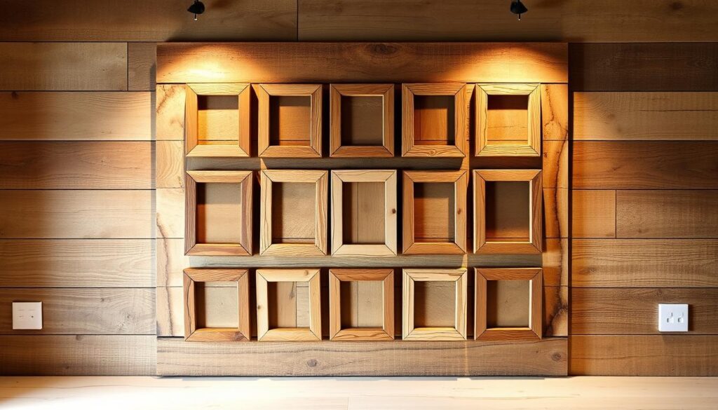 A rustic photo panel crafted from reclaimed wood, its natural textures and warm tones creating a cozy, farmhouse-inspired ambiance. A central grid of wooden photo frames, each one a unique, upcycled piece, arranged in an eye-catching, asymmetrical pattern. Soft, diffused lighting casts gentle shadows, highlighting the panel's depth and dimension. The wooden surface appears gently weathered, with subtle imperfections that add to its charm. The overall composition conveys a sense of effortless style and a connection to the natural world, perfectly complementing the "Installing Your Drawer Unit" section of the article.