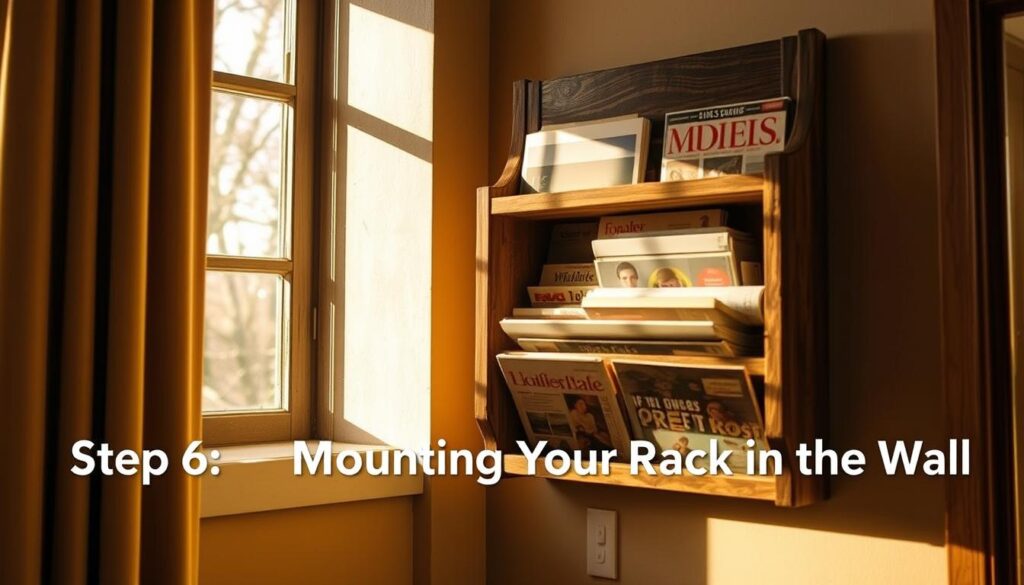 A rustic, wall-mounted magazine rack stands in a cozy, well-lit room. The rack is constructed from distressed wood, with worn, natural textures and a weathered finish. Magazines and periodicals are neatly arranged on the shelves, creating a visually appealing display. Warm, golden light from a nearby window filters through, casting a soft, inviting glow on the rack. The camera captures the rack at an angle, showcasing its rustic charm and seamless integration with the surrounding decor. The overall mood is one of calm, homey comfort, perfectly suited for the "Step 6: Mounting Your Rack on the Wall" section of the article.