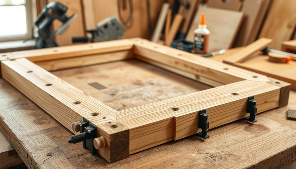 A rustic wooden frame assembly, with detailed close-up shots showcasing the construction process. The foreground features carefully aligned wood pieces, joints, and clamps, capturing the intricate steps involved. The middle ground highlights the different tools and materials used, such as a miter saw, sandpaper, and wood glue. The background subtly suggests a natural, well-lit workshop setting, with a warm, earthy tone that complements the rustic aesthetic. The lighting is soft and directional, accentuating the textures and shadows to provide a sense of depth and authenticity. The overall mood conveys a sense of craftsmanship, attention to detail, and the satisfaction of handmade creation.